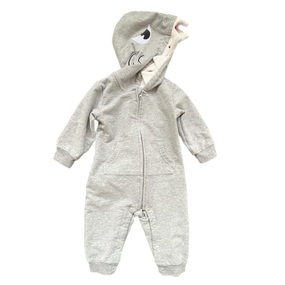 Shark Romper Heather Gray 3D Fin Hooded Costume Size 12-18m